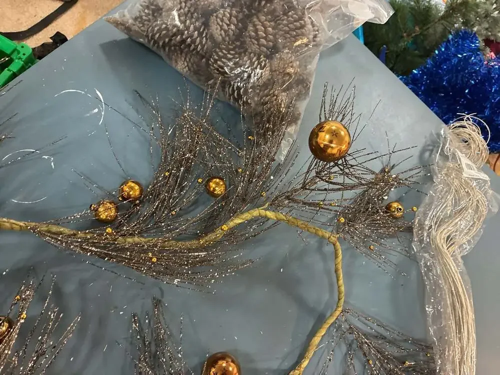 Gold Glittered Twig Christmas Garland with Beaded Ornaments and Decorative Pinec